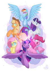 Size: 3508x4961 | Tagged: safe, artist:shanooloo, applejack, fluttershy, pinkie pie, rainbow dash, rarity, twilight sparkle, alicorn, earth pony, pegasus, pony, unicorn, g4, cowboy hat, eyes closed, female, glowing horn, hat, horn, mane six, mare, no pupils, open mouth, spread wings, twilight sparkle (alicorn), wings