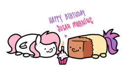 Size: 700x400 | Tagged: safe, artist:paperbagpony, oc, oc only, oc:paper bag, oc:sugar morning, earth pony, pegasus, pony, candle, cupcake, female, food, happy birthday, simple background, tsum tsum, white background