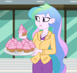 Size: 1140x1078 | Tagged: safe, screencap, princess celestia, principal celestia, equestria girls, equestria girls series, g4, holidays unwrapped, winter break-in, spoiler:eqg series (season 2), blazer, brooch, cake, cakelestia, canterlot high, cropped, crumbs, cupcake, cutie mark accessory, cutie mark brooch, eating, female, food, frosting, imagine spot, jewelry, missing accessory, pistachio cream cupcake, plate, puffy cheeks, solo, this will end in diabetes, this will end in weight gain