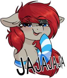Size: 916x1062 | Tagged: safe, artist:drawtheuniverse, oc, oc only, oc:ponepony, pony, clothes, eyebrows, eyebrows visible through hair, female, floppy ears, laughing, mare, simple background, socks, solo, spanish, striped socks, white background