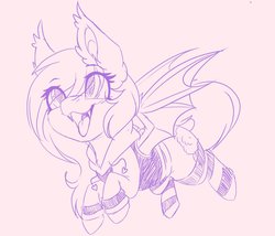 Size: 1159x991 | Tagged: safe, artist:red_moonwolf, oc, oc only, oc:lilac lily, bat pony, pony, bat pony oc, clothes, fangs, female, lineart, mare, smiling, socks, solo, striped socks
