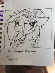 Size: 1536x2048 | Tagged: safe, artist:fenixdust, oc, oc only, oc:ponepony, earth pony, pony, beanie, bust, chest fluff, earth pony oc, eyebrows, eyebrows visible through hair, female, grin, hat, irl, lineart, mare, photo, smiling, solo, traditional art
