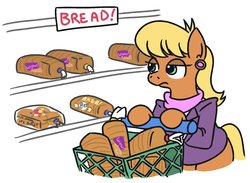 Size: 1440x1052 | Tagged: safe, artist:jargon scott, ms. harshwhinny, earth pony, pony, g4, bipedal, bipedal leaning, bread, bread aisle, bun (food), cursed image, female, food, hamburger bun, leaning, mare, meme, murrlogic, pushing, shopping cart, simple background, solo, white background, wonder bread, wow! glimmer