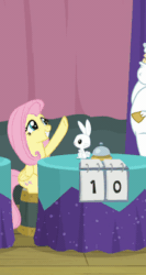 Size: 212x400 | Tagged: safe, screencap, angel bunny, bulk biceps, fluttershy, pegasus, pony, rabbit, a trivial pursuit, g4, season 9, animal, animated, bell, cropped, female, gif, hoofbump, male, mare, oops, ouch, smiling, stallion, table, yeah!!!!!!!!