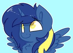 Size: 1024x748 | Tagged: safe, artist:northwindsmlp, oc, oc only, oc:noteworthy, alicorn, pony, blue background, bust, chest fluff, portrait, simple background, solo