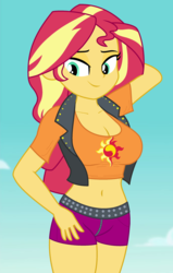 Size: 910x1430 | Tagged: safe, edit, edited screencap, editor:ah96, screencap, sunset shimmer, equestria girls, equestria girls specials, g4, my little pony equestria girls: better together, my little pony equestria girls: forgotten friendship, arm behind head, belly button, big breasts, breast edit, breasts, busty sunset shimmer, cleavage, clothes, cropped, female, lidded eyes, midriff, solo, vest