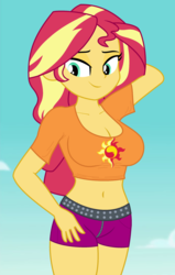 Size: 910x1430 | Tagged: safe, edit, edited screencap, editor:ah96, screencap, sunset shimmer, equestria girls, equestria girls specials, g4, my little pony equestria girls: better together, my little pony equestria girls: forgotten friendship, arm behind head, belly button, big breasts, breast edit, breasts, busty sunset shimmer, cleavage, cropped, female, lidded eyes, midriff, sexy, solo, thighs