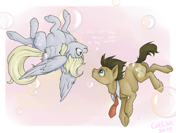 Size: 2615x1988 | Tagged: safe, artist:cheshchesh, derpy hooves, doctor whooves, time turner, pegasus, pony, g4, bubble, dialogue, ear fluff, eye contact, female, floating, fluffy, looking at each other, mare, necktie, smiling, spread wings, underhoof, unshorn fetlocks, upside down, wings