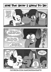 Size: 1187x1678 | Tagged: safe, artist:aarondrawsarts, oc, oc only, oc:brain teaser, oc:rose bloom, earth pony, pony, bed, black and white, blushing, brainbloom, breakfast, breakfast in bed, comic, female, food, grayscale, japanese, male, manga, monochrome, nuzzling, oc x oc, pancakes, panicking, shipping, simpsons did it, straight, the simpsons
