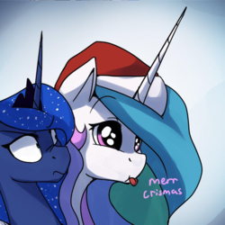 Size: 1200x1199 | Tagged: safe, artist:anticular, edit, princess celestia, princess luna, alicorn, pony, ask sunshine and moonbeams, g4, :p, :t, angry, christmas, comic, confused, cropped, cute, cutelestia, derp, derplestia, dilated pupils, duo, eye shimmer, female, frown, hat, holiday, it chrismas, lidded eyes, luna is not amused, majestic as fuck, mare, nose wrinkle, raspberry, royal sisters, santa hat, scrunchy face, shrunken pupils, sillestia, silly, text, this will end in pain, tongue out, unamused, wide eyes