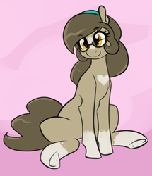 Size: 603x701 | Tagged: safe, artist:whatsapokemon, oc, oc only, oc:wishful thought, earth pony, pony, coat markings, female, glasses, mare, sitting, socks (coat markings)