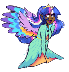 Size: 1280x1336 | Tagged: safe, artist:cubbybatdoodles, twilight sparkle, alicorn, human, g4, the last problem, alicorn humanization, breasts, colored wings, colored wingtips, dark skin, delicious flat chest, elf ears, female, horn, horned humanization, humanized, multicolored wings, older, older twilight, older twilight sparkle (alicorn), princess twilight 2.0, simple background, solo, transparent background, twilight sparkle (alicorn), unicorns as elves, winged humanization, wings