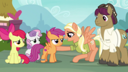 Size: 1920x1080 | Tagged: safe, screencap, apple bloom, mane allgood, scootaloo, snap shutter, sweetie belle, earth pony, pony, g4, the last crusade, cutie mark crusaders