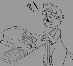 Size: 3000x2740 | Tagged: safe, artist:kitnip, oc, oc only, oc:kitnip, oc:stout heart, bird, mouse, pegasus, turkey, anthro, anthro with ponies, dead, exclamation point, fetish, food, high res, holiday, interrobang, micro, monochrome, non-mlp oc, pegasus oc, question mark, thanksgiving