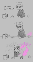 Size: 1143x2126 | Tagged: safe, artist:owlnon, pinkie pie, oc, oc:anon, earth pony, pony, semi-anthro, g4, 4chan, arm hooves, ashtray, bags under eyes, beanie, boombox, cigarette, clothes, comic, dialogue, doomer, hat, hoodie, music notes, partial color, question mark, scrunchy face, smiling, soda can