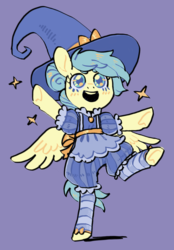 Size: 1044x1497 | Tagged: safe, artist:amphoera, oc, oc only, oc:venti via, pegasus, pony, clothes, cute, dancing, hat, purple background, simple background, solo, sparkles, witch hat