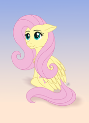 Size: 1085x1500 | Tagged: safe, artist:starshade, fluttershy, pegasus, pony, g4, chest fluff, cute, female, full body, gradient background, mare, sitting, smiling, solo