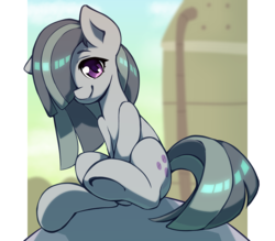 Size: 3200x2800 | Tagged: safe, artist:rockset, marble pie, earth pony, pony, g4, cute, female, high res, holder's boulder, looking at you, marblebetes, mare, sitting, smiling, solo, underhoof