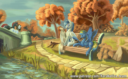 Size: 1449x900 | Tagged: safe, artist:kirillk, oc, oc only, pegasus, pony, unicorn, autumn, bench, bridge, grass, mouth hold, quill, river, scroll, sitting, snacks, spread wings, tree, wing hold, wings