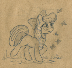 Size: 1200x1125 | Tagged: safe, artist:maytee, apple bloom, butterfly, earth pony, pony, g4, apple bloom's bow, bandana, bow, female, hair bow, looking up, solo, traditional art, walking