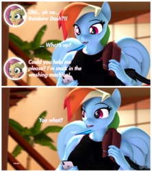 Size: 3840x4317 | Tagged: safe, artist:anthroponiessfm, fluttershy, rainbow dash, anthro, g4, 3d, blushing, clothes, comic, context is for the weak, explicit source, female, implied flutterdash, implied lesbian, implied shipping, meme, phone, source filmmaker, towel