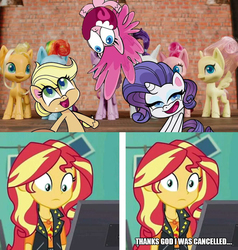 Size: 1242x1305 | Tagged: safe, edit, edited screencap, screencap, applejack, fluttershy, pinkie pie, rainbow dash, rarity, sunset shimmer, twilight sparkle, alicorn, earth pony, pegasus, pony, unicorn, equestria girls, equestria girls series, forgotten friendship, g4, g4.5, my little pony: pony life, calarts, cancelled, caption, female, geode of empathy, image macro, looking at you, magical geodes, mare, mouthpiece, pony life drama, text, twilight sparkle (alicorn)