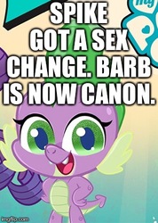 Size: 295x414 | Tagged: safe, editor:useraccount, rarity, spike, dragon, g4.5, my little pony: pony life, caption, image macro, looking at you, sex change, solo focus, text