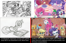 Size: 1188x783 | Tagged: safe, artist:lauren faust, edit, edited screencap, screencap, applejack, pinkie pie, rarity, spike, twilight sparkle, alicorn, dragon, earth pony, pegasus, pony, unicorn, g4, g4.5, my little pony: pony life, book, comparison, female, golden oaks library, looking at you, mare, op is a duck, op is trying to start shit, op is trying to start shit so badly that it's kinda funny, op is trying too hard, sketch, twilight sparkle (alicorn), unicorn twilight