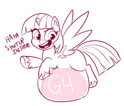 Size: 945x808 | Tagged: safe, artist:lulubell, twilight sparkle, alicorn, pony, g4, g4.5, my little pony: pony life, abdominal bulge, belly, dialogue, female, mare, monochrome, sketch, solo, twilight sparkle (alicorn), twipred, vore