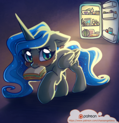 Size: 1000x1029 | Tagged: safe, artist:chaosangeldesu, princess luna, alicorn, pony, g4, blushing, crime, cute, female, filly, food, lunabetes, mare, midnight, mouth hold, patreon, patreon logo, pure unfiltered evil, refrigerator, sandwich, stealing, thief, watermelon, woona, younger