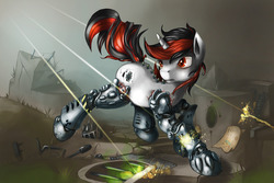 Size: 1063x709 | Tagged: safe, artist:demondesigner, oc, oc only, oc:blackjack, cyborg, cyborg pony, pony, unicorn, fallout equestria, fallout equestria: project horizons, amputee, cyber legs, female, gunfire, level 2 (project horizons), looking back, mare, running, solo, two toned mane
