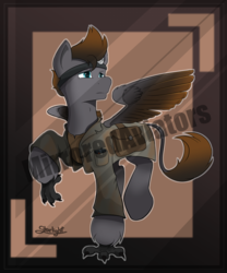 Size: 2500x3000 | Tagged: safe, artist:starlight, oc, oc:ragnar, hippogriff, fallout equestria, clothes, commission, concerned, doctor, eye mirror, griffon wings, high res, lab coat, leg raise, male, obtrusive watermark, raised leg, simple background, talons, travelling, two toned coat, two toned mane, two toned tail, two toned wings, watermark, wings