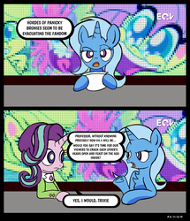 Size: 1424x1656 | Tagged: dead source, safe, artist:theratedrshimmer, starlight glimmer, trixie, pony, unicorn, g4, g4.5, my little pony: pony life, chest fluff, comic, dialogue, female, heart, hoof heart, male, news, pony life drama, simpsons did it, speech bubble, the simpsons