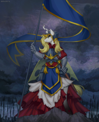 Size: 1000x1225 | Tagged: safe, artist:margony, oc, oc only, oc:aurora industry (ic), changeling, anthro, army, changeling oc, clothes, cloud, dark clouds, female, flag, princess, solo, white changeling, yellow changeling