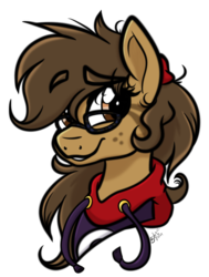 Size: 1669x2204 | Tagged: safe, artist:binkyt11, oc, oc only, oc:binky, earth pony, hybrid, pony, zebroid, zony, bust, facial markings, female, freckles, glasses, mare, scrunchie, simple background, solo, transparent background