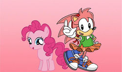 Size: 2880x1708 | Tagged: safe, artist:brandonale, pinkie pie, g4, amy rose, crossover, female, filly, filly pinkie pie, male, sonic the hedgehog, sonic the hedgehog (series), younger
