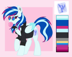 Size: 3500x2754 | Tagged: safe, artist:xwhitedreamsx, oc, oc only, oc:paperweight, pegasus, pony, bubblegum, clothes, female, food, gum, high res, jacket, mare, reference sheet, solo, sunglasses