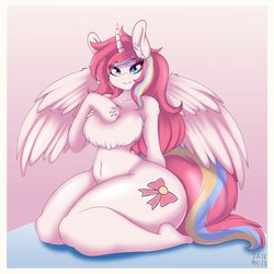 Size: 4096x4096 | Tagged: safe, artist:tatemil, oc, oc only, oc:nekonin, alicorn, anthro, plantigrade anthro, alicorn oc, chest fluff, cleavage fluff, disproportional anatomy, excessive chest fluff, femboy, huge butt, large butt, male, nudity, solo, thighs, thunder thighs, trap, wide hips