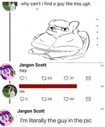 Size: 640x772 | Tagged: safe, artist:tjpones, princess cadance, oc, oc:tjpones, alicorn, earth pony, pony, g4, bye anon, clothes, fat, glasses, gun, i'm literally the guy in the pic, male, meme, meta, obese, sitting, stallion, text, twitter, weapon