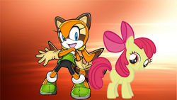 Size: 4000x2263 | Tagged: safe, artist:brandonale, apple bloom, g4, crossover, male, marine the raccoon, sonic the hedgehog, sonic the hedgehog (series)