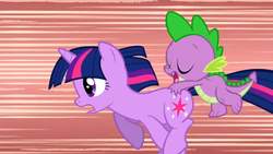 Size: 1280x720 | Tagged: safe, screencap, spike, twilight sparkle, dragon, pony, unicorn, g4, the ticket master, butt touch, eyes closed, female, hand on butt, male, mare