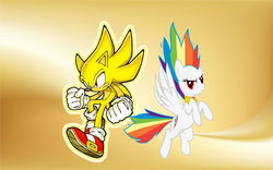 Size: 3028x1888 | Tagged: safe, artist:brandonale, rainbow dash, g4, copy and paste, crossover, duo, male, sonic the hedgehog, sonic the hedgehog (series), super form, super rainbow dash, super sonic