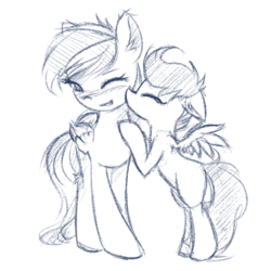 Size: 516x517 | Tagged: safe, anonymous artist, rainbow dash, scootaloo, pegasus, pony, g4, blank flank, blushing, cheek kiss, cute, duo, female, filly, kissing, mare, monochrome, one eye closed