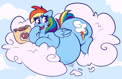 Size: 2274x1473 | Tagged: safe, artist:graphenescloset, rainbow dash, pegasus, pony, adorafatty, belly, big belly, cloud, cute, dashabetes, eating, fat, female, floppy ears, food, mare, morbidly obese, obese, pretzel, rainblob dash, solo, this will not end well, weight gain