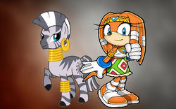 Size: 2560x1600 | Tagged: safe, artist:brandonale, zecora, g4, crossover, sonic the hedgehog (series), tikal the echidna