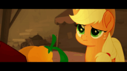 Size: 640x360 | Tagged: safe, screencap, applejack, capper dapperpaws, abyssinian, cat, earth pony, pony, anthro, g4, my little pony: the movie, animated, anthro with ponies, applejack's hat, confused, cowboy hat, cute, duo, female, freckles, fruit, gif, hat, i'm the friend you need, jackabetes, klugetown, male, mare, raised eyebrow, smiling, solo focus, suspicious