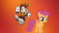 Size: 2560x1440 | Tagged: safe, artist:brandonale, scootaloo, g4, charmy bee, crossover, male, sonic the hedgehog, sonic the hedgehog (series)