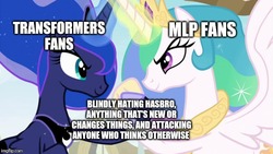 Size: 666x375 | Tagged: safe, edit, edited screencap, screencap, princess celestia, princess luna, alicorn, pony, between dark and dawn, g4, caption, clash of hasbro's titans, duo, female, image macro, mare, meme, meta, op is a duck, op is trying to start shit, siblings, sisters, text, transformers