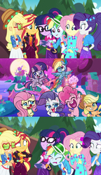 Size: 1617x2808 | Tagged: safe, edit, editor:sonic ranger, applejack, fluttershy, pinkie pie, rainbow dash, rarity, sci-twi, sunset shimmer, twilight sparkle, alicorn, earth pony, pegasus, pony, unicorn, equestria girls, festival filters, g4, g4.5, my little pony: pony life, spoiler:eqg series (season 2), applejack's hat, cowboy hat, disgusted, female, flying, geode of empathy, geode of fauna, geode of shielding, geode of telekinesis, glasses, hat, magical geodes, mane six, mare, pony life drama, twilight sparkle (alicorn)