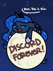 Size: 800x1067 | Tagged: safe, artist:flutterluv, princess luna, alicorn, pony, series:flutterluv's full moon, g4, chibi, dialogue, female, graffiti, implied discord, luna is not amused, mare, meh, moon, solo, speech bubble, tangible heavenly object, this is fine